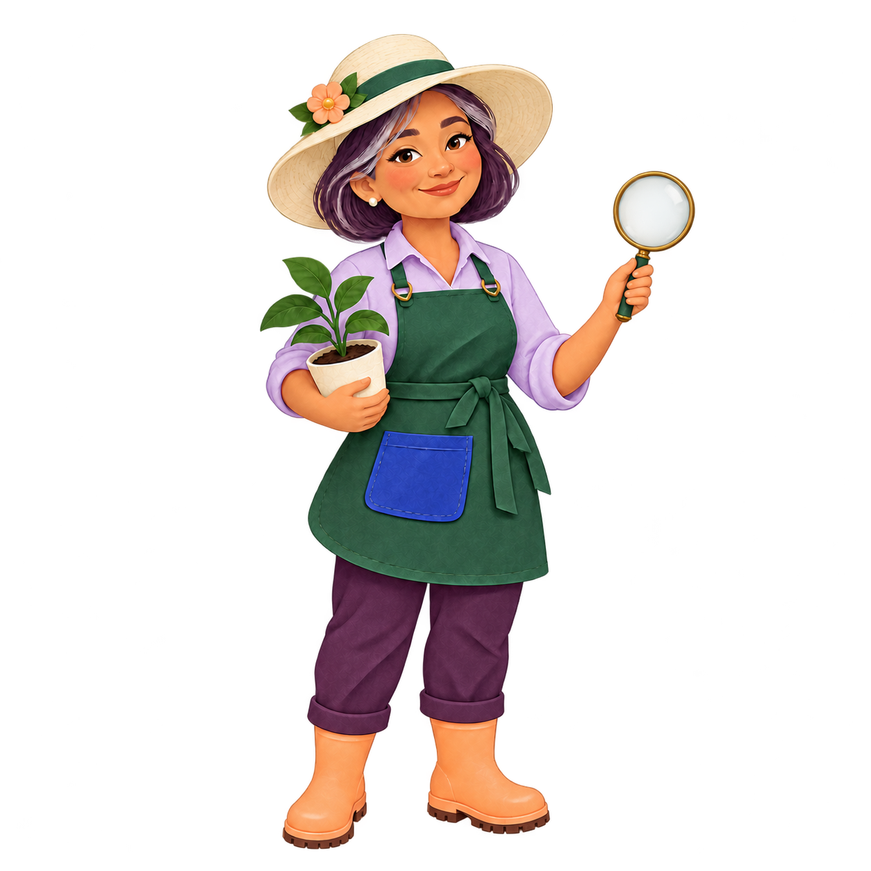 Flora, the illustrated gardening companion, holding a magnifying glass